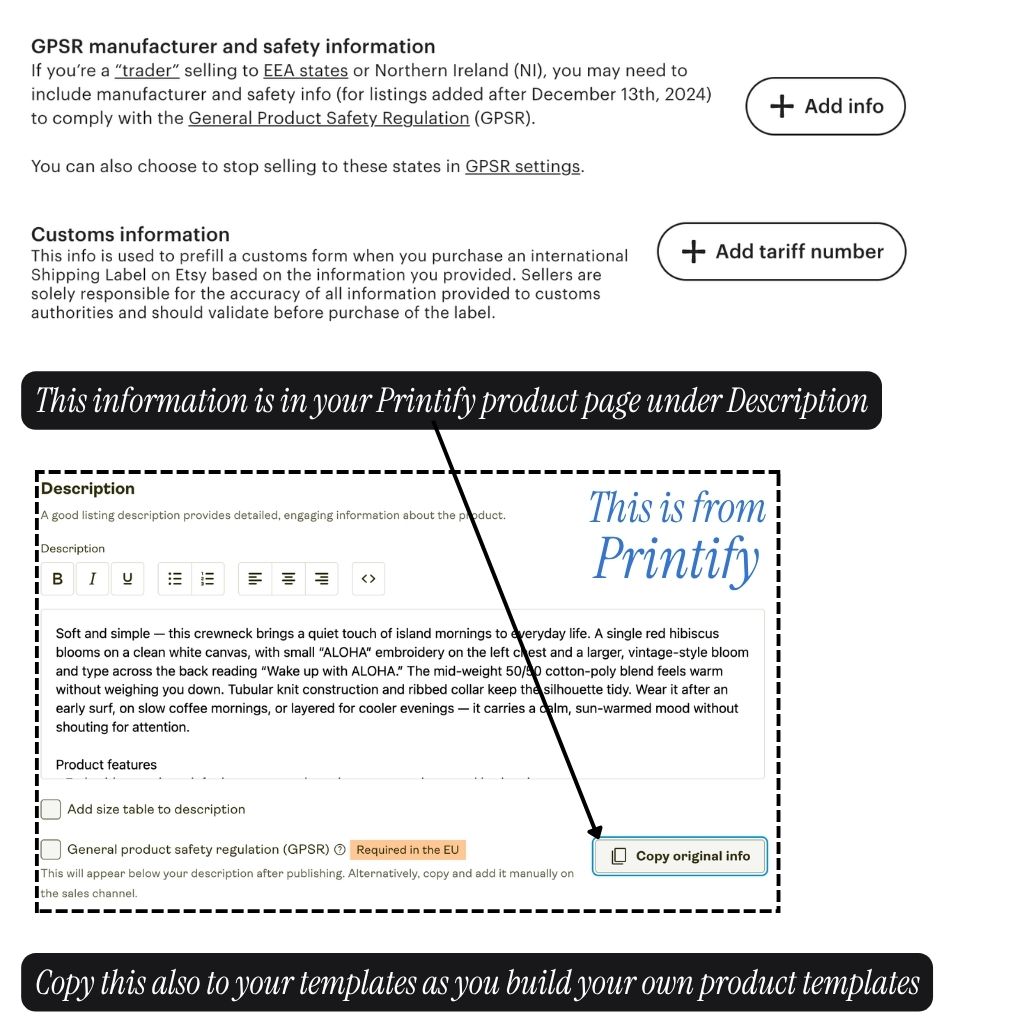 Etsy GPSR manufacturer and safety information panel alongside a Printify product description with a Copy original info button