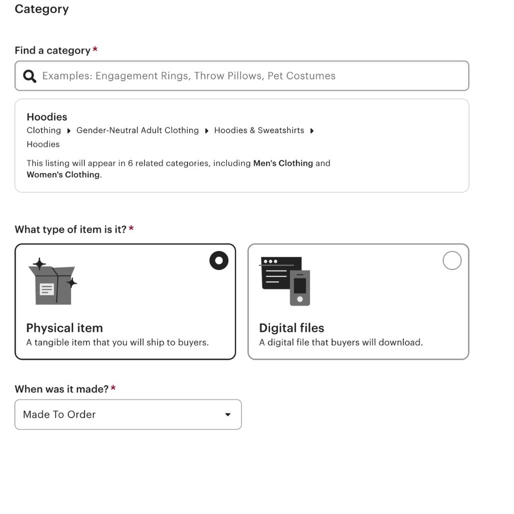 Etsy Category section with Find a category search, Physical item vs Digital files, and a When was it made dropdown set to Made To Order