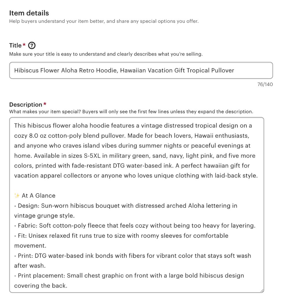 Etsy Item details section showing the Title field with a character counter above the Description field
