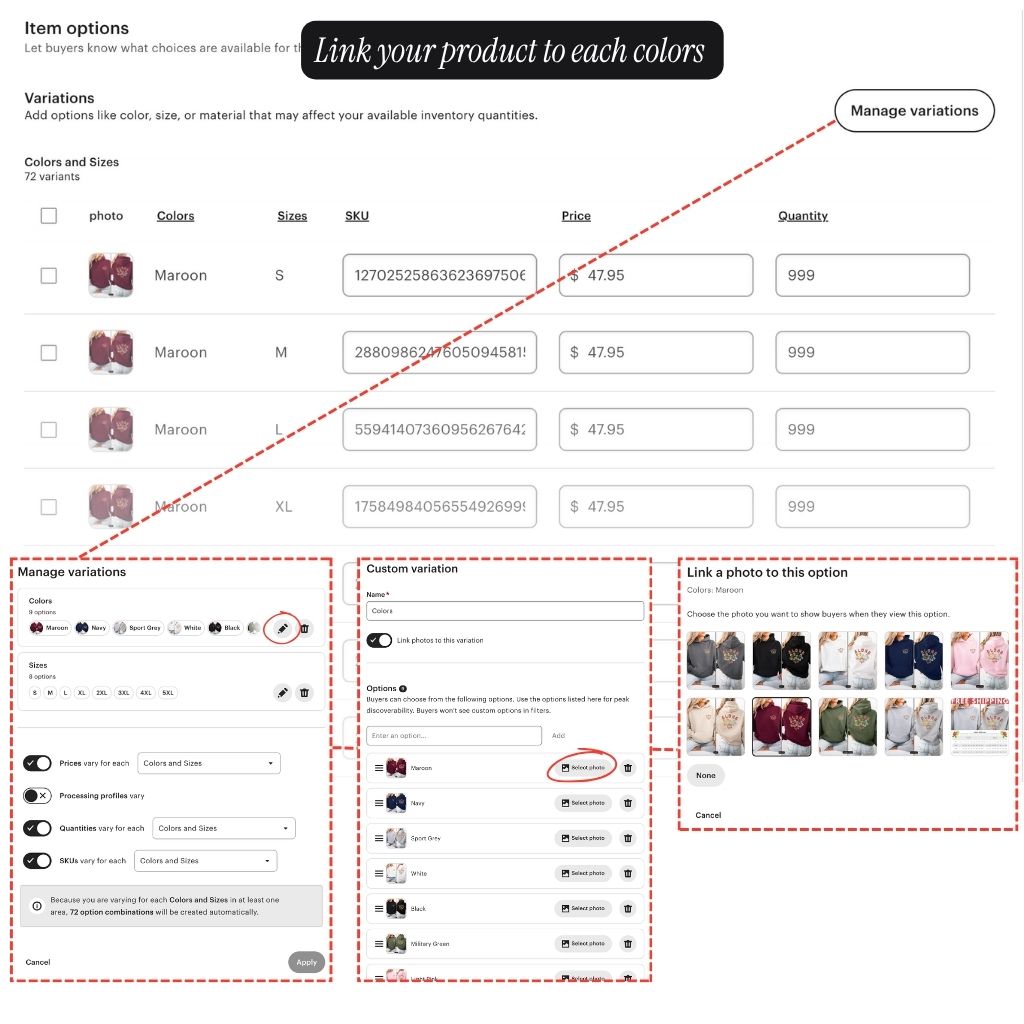 Etsy Item options showing a variations table of colors and sizes with the Manage variations and Link a photo to each color panels