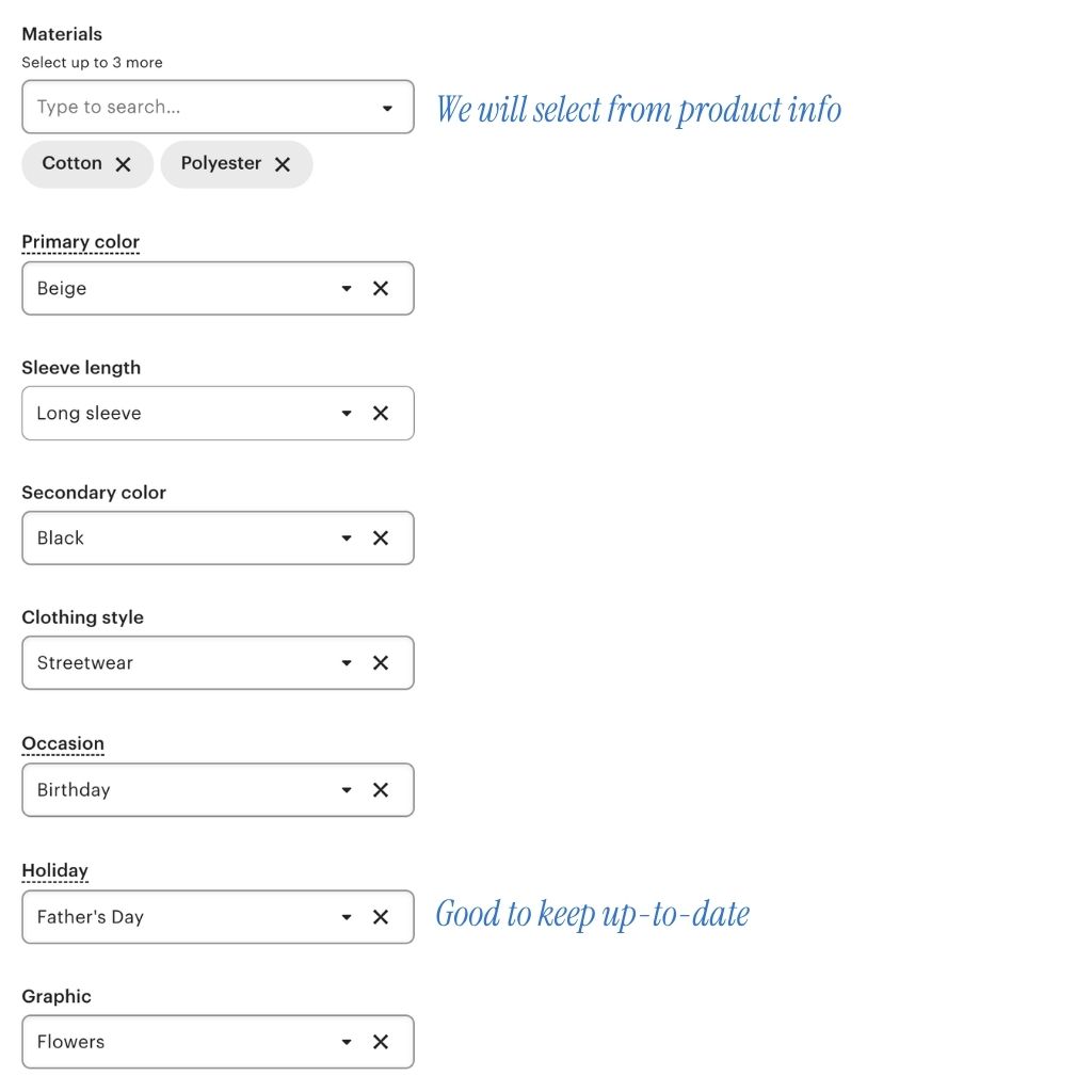 Etsy Attributes showing a Materials dropdown with chips plus Primary color, Secondary color, Sleeve length, Clothing style, Occasion, Holiday, and Graphic dropdowns