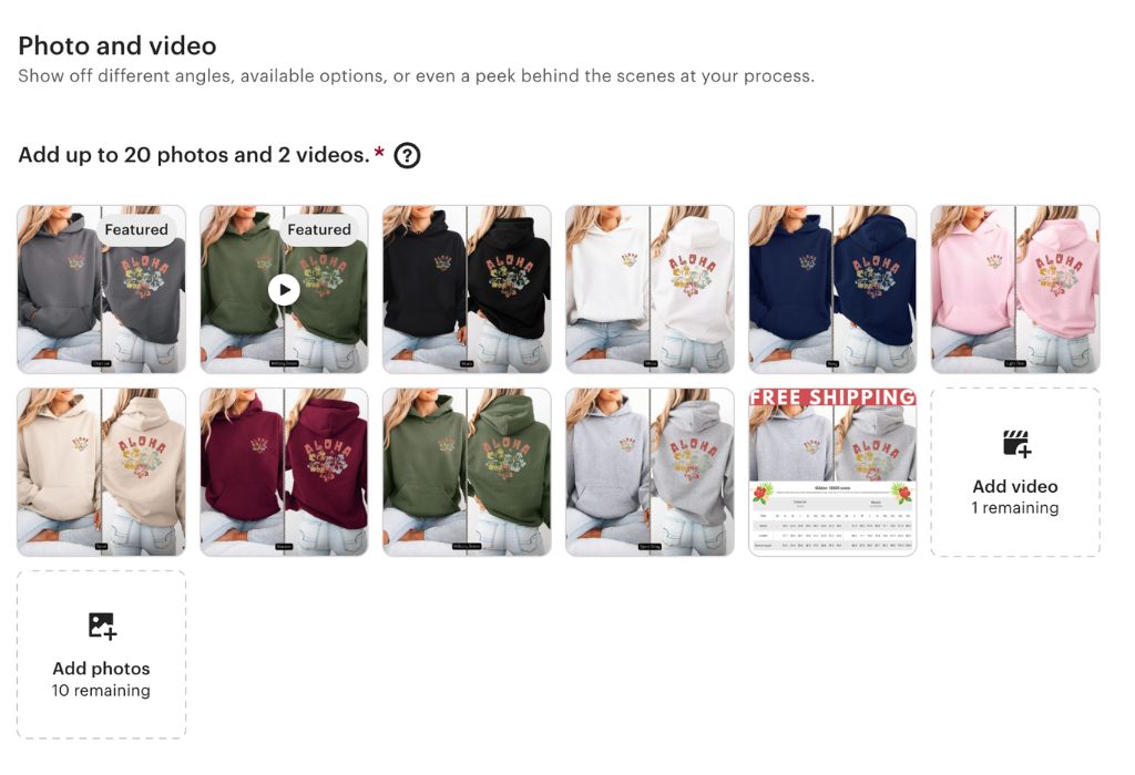 Etsy Photo and Video section showing a grid of product mockups, the Featured primary image, and Add photos / Add video buttons
