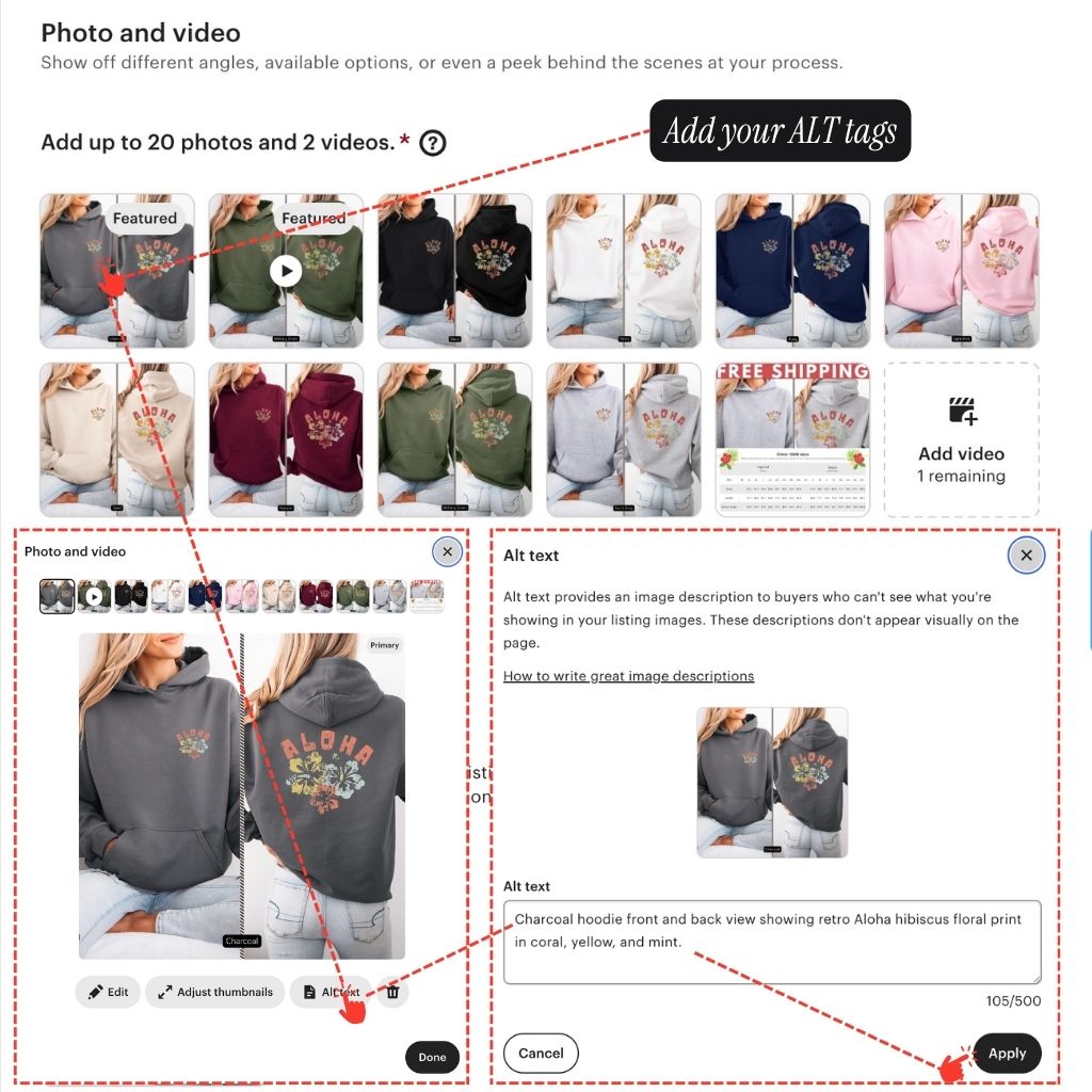 Etsy photo editor with the Alt text panel open, showing an image description being written