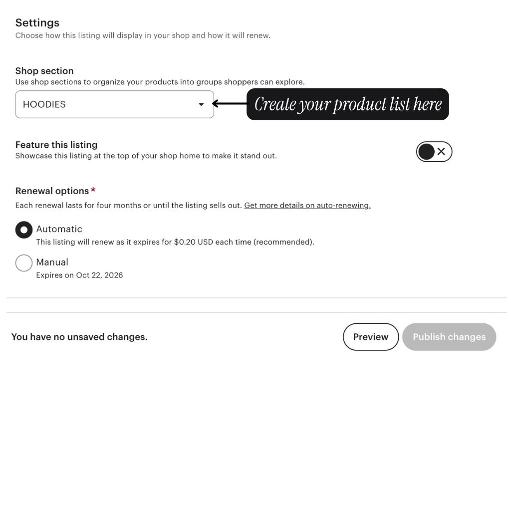 Etsy Settings section showing a Shop section dropdown, a Feature this listing toggle, Automatic vs Manual renewal options, and the Preview / Publish bar