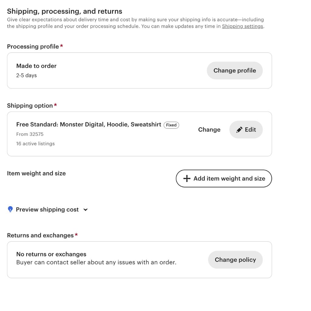 Etsy Shipping, processing and returns section with a Made to order processing profile, a Free Standard shipping option, and a returns policy