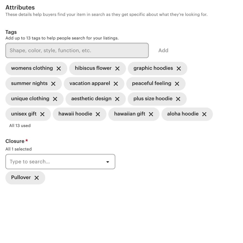 Etsy Tags section showing 13 keyword-phrase tags with the All 13 used label