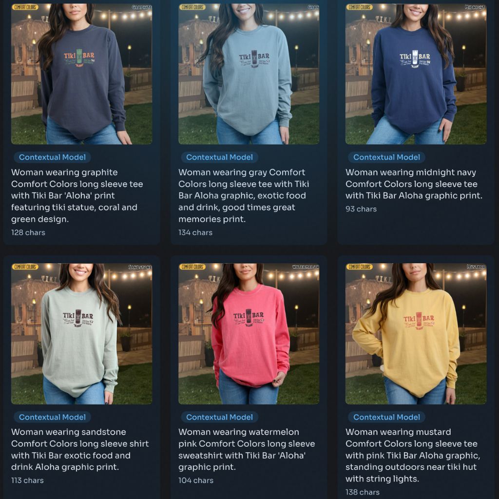 After: each product photo captioned with a specific Etsy alt tag and character count